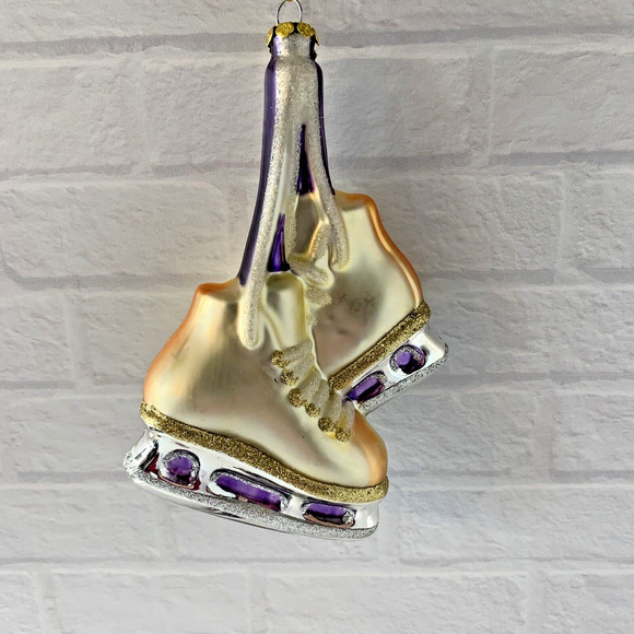 Blown Glass Pair of Gold Ice Skates Christmas Ornament Ice Skating Holiday BRN - Picture 1 of 7